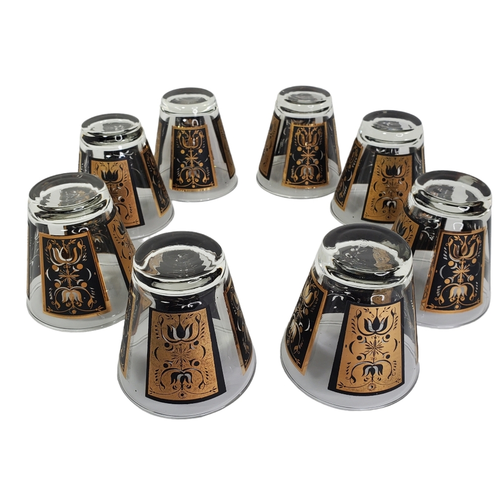8 Vintage Dominion MCM Gold Black Low Ball Whiskey Glasses Rocks Barware